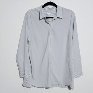 J Jill Button Up Shirt‎ Size L Blue Haze White Multi Striped Tunic Length Blouse